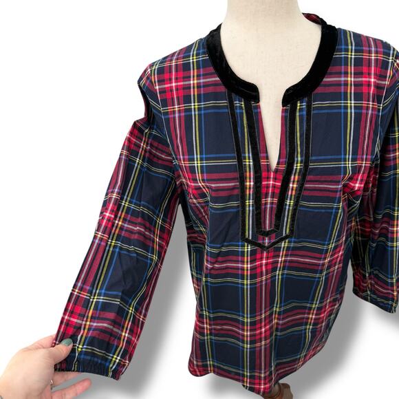 Talbots Plaid Top Size Medium Red Blue Tartan Popover Blouse Velvet Trim Holiday - Picture 5 of 8